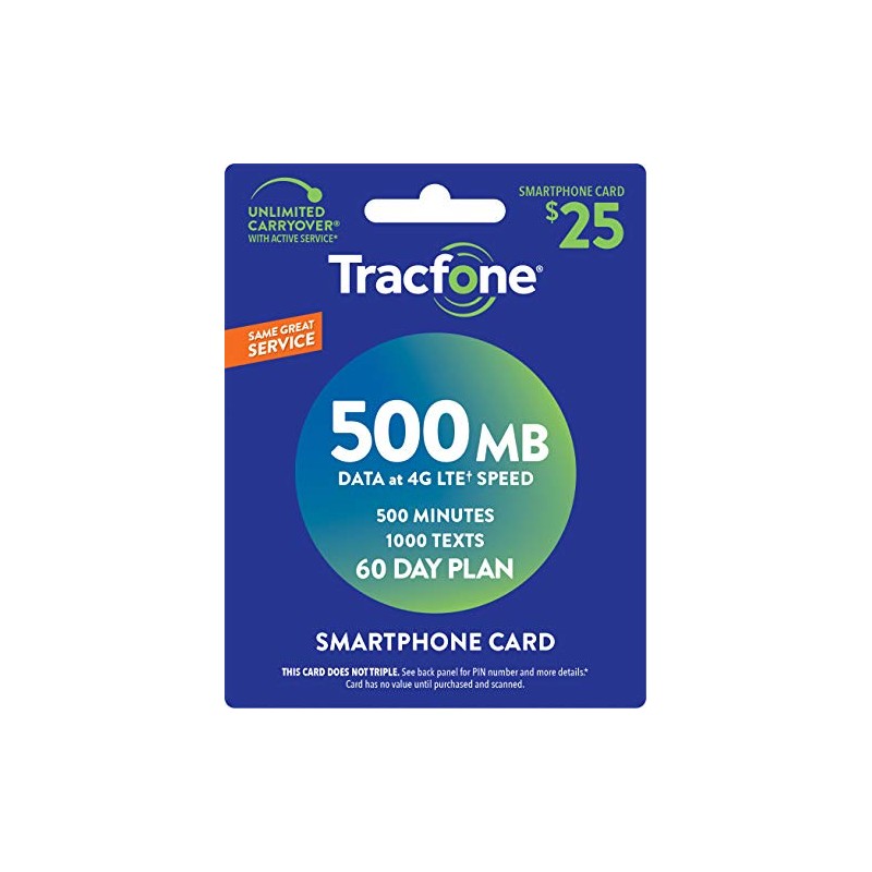 Tracfone $25 500 Min, 1000 text, 500MB Data 60–Day Plan