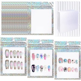 Sawvolker 100 PCS Press On Nails Packaging Bag Holographic Nail Storage Bag and 100PCS Shiny White Pearl Card with 7 Sheets Pre-cut Nail Tape (Laser Dot)