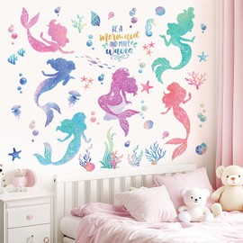 wondever Under The Sea Mermaid Bubble Glitter Wall Stickers Be A Mermaid and Make Waves Peel and Stick Wall Art Decals for Girls Bedroom Baby Nursery Kids Bedroom