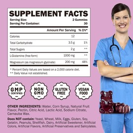 GREABBY L Glutamine 1000mg Gummies - Muscle Relief & Immune Support, Amino Acid Supplement with Magnesium Glycinate, Vegan & Non-GMO, Gluten Free (120 Count)