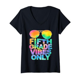 Womens Fifth Grade Vibes Only Sunglasses Back To School Tie Dye V-Neck T-Shirt