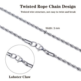 QISHENG 3 mm Rope Chain for Men, Stainless Steel Silver Rope Chain for Women Men Wearing in Various Occasions and Silver Necklace Chain Length of 16 Inch