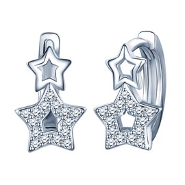 Yumilok 925 Sterling Silver Ladies Girls Women Double Star Simple Earrings Hoop Earrings Hypoallergenic Earrings Silver, Silver Cubic Zirconia, Cubic Zirconia