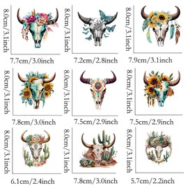 9Pcs Flower Cow Skull Iron On Transfer Patches DIY Iron On Decals Heat Transfer Vinyl Stickers for Clothes T Shirts Bag Pillow Covers Appliques