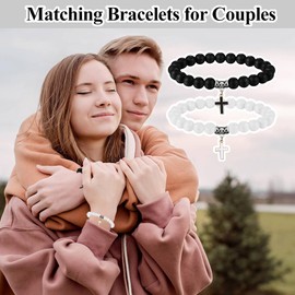 FloraMolly Matching Bracelets for Couples, 2 pcs Black White Cross Bracelet Stone Beaded Bracelet for Girls Boys Teen