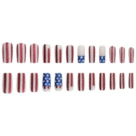 4th of July Press on Nails Medium Square Fake Nails with Star Stripes Glitter Designs Independence Day Glue on Nail Reusable Artificial Acrylic Full Cover Stick on False Nail for Women 24 Pcs