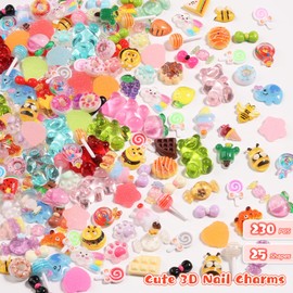 3D Cute Resin Nail Art Charms, 230PCS Cartoon Nail Charms with Tweezers: Pizza, Donut, Ice Cream, Bees, Gummy Bear, Fruit Designs for DIY Crafts, Jewelry & Nail Decorations