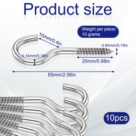 10 Pack 304 Stainless Steel Screw Eyes, 2-1/2 Inch Heavy Duty Screw in Eye Hooks Ring Self-Tapping Eyes Ring Bolt, Metal Eye-Screws-Eye Bolt Ceiling Hook Screws Hanger for Hammock Stand Indoor Ceiling