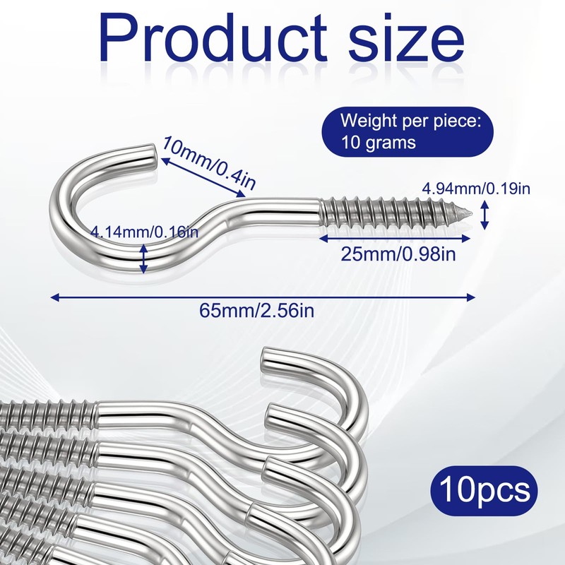 10 Pack 304 Stainless Steel Screw Eyes, 2-1/2 Inch Heavy
