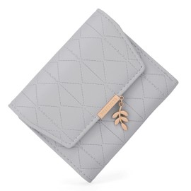 UTO Women's Small Fine Leaf Pendant Purse Faux Leather RFID PU Leather Wallet Girls with Compartments Zip Small Wallet, 1263 Grey, Classic