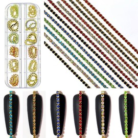 JERCLITY 1 Box 12 Strips Nail Chains for Nail Art Gold Alloy Metal Nail Art Chains Inlay Colorful Rhinestone for Acrylic Nail Art Punk Chain Nail Studs 3D Nail Chains Accessories for Women Nail Art