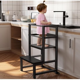 INNOD Kitchen Step Stool for Toddlers, Height Adjustable Toddler Tower with Safety Rail, Steel and Wood Toddler Kitchen Stool Helper Kids, Stool for Kids, Learning Tower, Kids' Desk Black