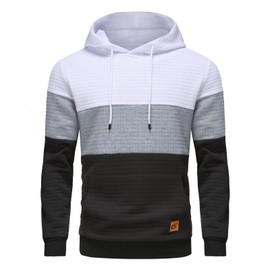 Yundobop Men's Pullover Hoodies Plaid Jacquard Color Block Long Sleeve Casual Hooded Sweatshirts with Kanga Pockets 2-White/Lightgrey/Black L