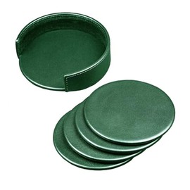 DACASSO Dark Green Leather Coaster Set - Luxury Dark Green Leather Round Coasters with Holder - Office Accessories & Executive Desk Decor - (Dark Green)