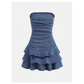 Milumia Girl's Ruched Denim Tube Dress Bow Knot Tiered Layered Short Dresses Medium Wash 10 Years