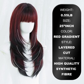 7JHH WIGS Long Straight Dark Red Synthetic Wig with Bangs 25inch Layered Hair Tail Dye Black Heart Resistant Synthetic Fiber Natural Looking Wigs for Women Party Cosplay and Daily Used