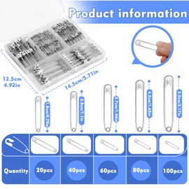 Mnuizu 300 Pcs Safety Pins Bulk, 5 Sizes Silver Small and Large Safety Pins for Clothes, Jewelry Making, Sewing Craft