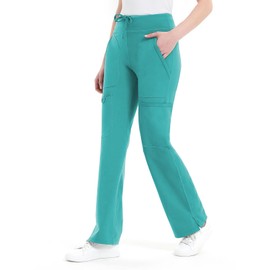 QBK Yoga Scrub Pants Women Mid Rise Yoga Work Pants- Five Pocket Cargo Scrub Pant (X-Large, Green)