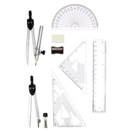 Linex Maths Geometry Set with Transparent Case – Black 10-Piece Exam Kit Featuring Compass, Protractor, Ruler, Set Squares & Eraser