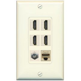 RiteAV - 4 Port HDMI 1 Coax Cable TV- F-Type 1 Cat6 Ethernet Wall Plate Decorative - Light Almond