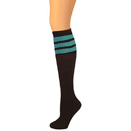 AJs Classic Triple Stripes Retro Knee High Tube Socks - Black, Turquoise, Sock size 11-13, Shoe Size 5 and up