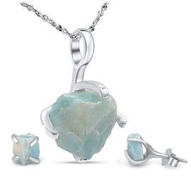Real raw larimar jewelry set with 925 sterling silver real gold plated birthstone necklace and earring set gift for her by Uniquelan Jewelry (Larimar, white-gold)