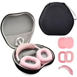 PowerDriver Case Compatible with Airpods Max Headphones, Hard Organizer Portable Carry Storage Bag, Travel Carrying Case with Silicone Case Cover, Waterproof Storage Bag (Black Case+Pink)