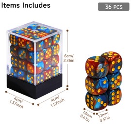 SIXPOINTS 36Pcs 12mm/0.47inch Mini Dice Set,Colours D6 Game Dice Set, 6 Sided Standard Dices for MTG,DND,Yahtzee, Bunco or Teaching Math Board Game,with Portable Plastic Box (Dark Red Blue Swirl)