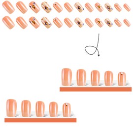 Press on Nails Medium Square Artificial Fake Nails with Flower Rhinestones Design Fall Winter French False Nails Full Cover Reusable Coffin Fake Nails Press Acrylic Nails Set Glue on Nails for Women