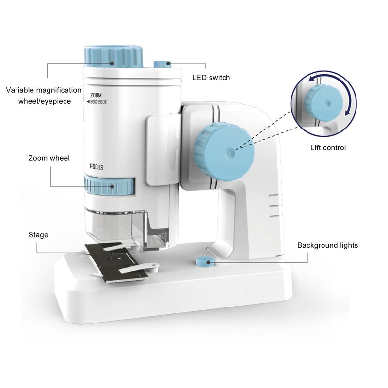 80X‑200X Kids Microscope with 12PCS Slides 2 in 1 LED