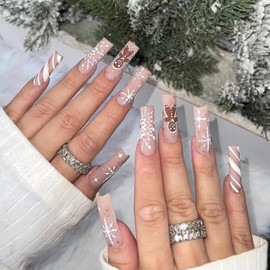 Vopintpy Extra Long Christmas Press on Nails Snowflake Stripe Fake Nails Matte Winter Xmas Glue on Nails Reusable Square Stick on Nails for Women DIY Holiday Manicure