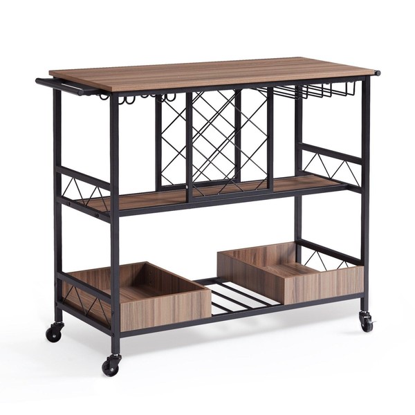 3-Tier Bar Serving Cart Rolling Trolley with Wine Grid Glass