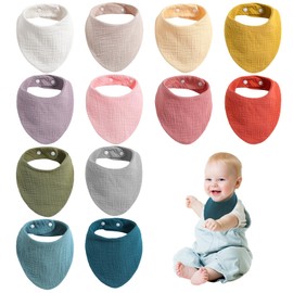 Pack of 12 Baby Bibs - Triangular Scarf Baby, Absorbent Muslin Neckerchief Baby, Baby Triangular Scarf Bib with Adjustable Press Stud, Drool Bib for Newborn Baby Toddler Boy Girl, colour