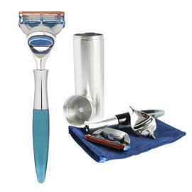 eeShave 5 blades razor blue for men with travel case compact ergonomic handle and pivoting head, lubricating strip and precision trimmer- blade fit the most famous commercial multi blade cartridge