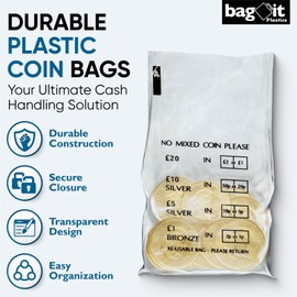 Bag It Plastics Money/Coin Bags - Pack of 300 Durable Plastic Money Bag's for Coins, Cash & Notes - Secure Bank Bags for Banking UK, Cash Handling, and Coin-Sorting
