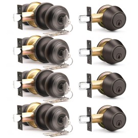 Brotima 4 Pack Keyed Alike Front Door Knob and Deadbolt Set, Entry Door Locksets with Single Cylinder Deadbolt, Oil Rubbed Bronze Flat Round Door Lock Set for Bedroom/Office/Exterior Doors