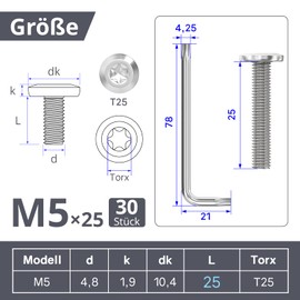 Pack of 40 Flat Head Screws with Torx and Wrench (30, Silver, M5 x 25)