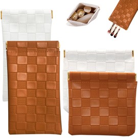 4PCS Small Makeup Bag for Purse, Mini Leather Pocket Cosmetic Bag for Women, Waterproof Portable Makeup Pouch No Zipper Coin Purse Lipstick Bag Accessories, Checkered Travel Storage Bag(White, Brown)