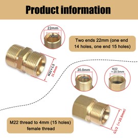2 PCS Brass High Pressure Washer Coupler, 22mm to 15mm Reducer Metric M22 15mm External Thread to M22 14mm Internal, M22-14mm Male to Male Adapter, Pressure Washer Hose Pipe Fitting Garden Tools
