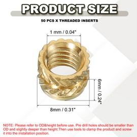 PATIKIL Thread Inserts M6 x 6 x 8 mm, Pack of 50 Brass Heating Insert Female Thread Inserts Metric Knurled Nut Embedding Nut for Plastic and 3D Printing Components, Gold