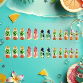 Summer Fruit Press on Nails Medium Almond Fake Nails Watermelon Strawberry Blueberry Design False Nails Cute Acrylic Nails Colorful Fruits Stick on Nails Glue on Nails for Women 24Pcs