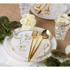 PLASTICPRO 32 Piece Combo Plates Set includes 16-7'' inch Plates & 16-10'' inch Plate White Plastic Floral Design Party Plates With Gold Rim, Premium heavyweight Elegant, Tableware,