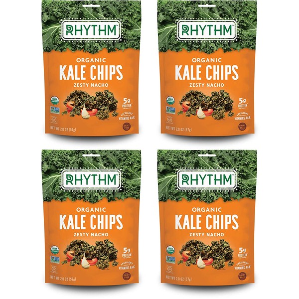 Rhythm Superfoods Kale Chips, Zesty Nacho, Organic and Non-GMO, 2.0 Oz (Pack of 4), Vegan/Gluten-Free Superfood Snacks
