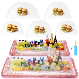 Tiangrid 8 Pcs Glitter Inflatable Serving Bar Kit Includes 2 Salad Buffet Tray with Drain Plug 5 Mesh Food Cover 1 Inflator Inflatable Food Drink Containers for Outdoors Pool Party Camping(Rose Gold)