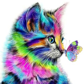 Xiaomoyu 5D DIY Diamond Art Painting Kits Full Drill, Diamond Canvas Rhinestone Embroidery Cross Stitch Crystal Craft Painting Pictures Kits by Numbers for Adults Kids Home Wall Decor - Cat Butterfly