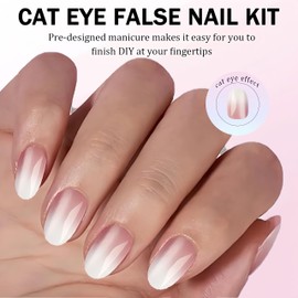 Cat Eye Press On Nails Kit - 240pcs Gradient Pink Glitter False Nails - Acrylic Short Oval False Nails - 12sizes Shiny Fake nails Ith Glue - Glossy Full Cover Stick On nails Kit For Women Girls