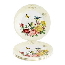 Gracie Bone China by Coastline Imports Rose Butterfly Bird Set of 4 Bone China Dessert Plates 7.5-Inch Diameter, Yellow, Pink, White