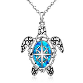 Turtle Compass Necklace for Women Sterling Silver Tortoise Blue Opal Shell Ocean Distance Graduation Sea Turtle Pendant Necklaces Jewelry Travel Gifts