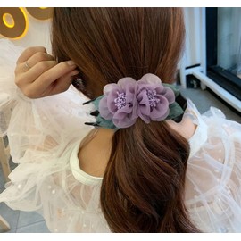 AKOAK 1 Pack Flower Hair Clips, Satin Chiffon Ponytail Hair Accessories, Elegant and Charming Cloth Claw Clips for Women or Girls （Purple）