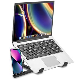 VEKENSEE Soporte para Laptop con Soporte para Celular, 2 en 1 Múltiples Ángulos Ajustable Soporte Portátil y Soporte para Teléfono Desmontable, Soporte Ventilado Portátil con Soporte Móvil (ABS Negro)